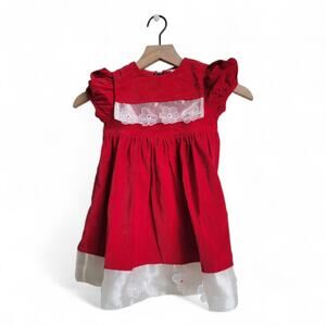 Vintage Velvet Organza Trim Dress Floral Organza Details Size 3T Red White